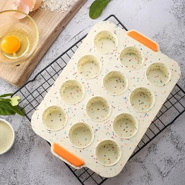 NOWHYX Silicone Muffin Pan,12 Cups Muffin Baking Pan with Handle Reusable Cupcake Baking Pan for Roasting Homemade Muffins, Cupcakes and Egg Bites(COLOR:Beige)