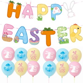 23 Pieces Happy Easter Decorations Set, Easter Party Supplies with Happy Easter Banner, Easter Hanging Banner Pack, Large Easter Balloons for Indoor Outdoor Kids Easter Day Party.