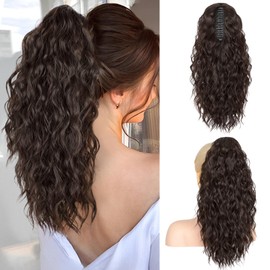 RONTAYA Ponytail Extension, 18 Inch Dark Brown Claw Clip Ponytail Extensions for Women, Multi Layered Fluffy Thick Wavy Jaw Clip in Fake Pony Tails Fake Hair Soft Synthetic Hairpiece
