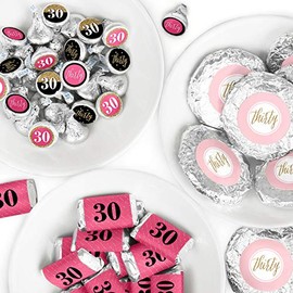 Chic 30th Birthday - Pink, Black and Gold - Mini Candy Bar Wrappers, Round Candy Stickers and Circle Stickers - Birthday Party Candy Favor Sticker Kit - 304 Pieces