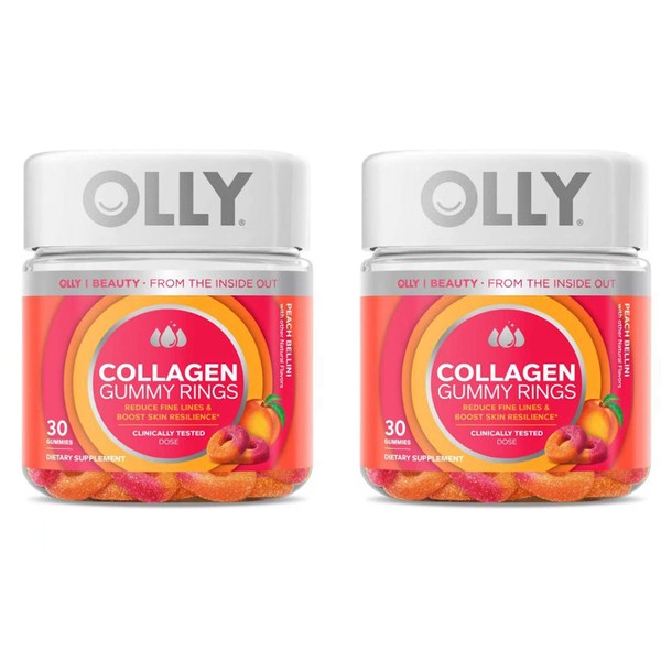 OLLY Collagen Gummy Rings! 30 Gummies Peach Peach Bellini Flavor! Formulated with Bioactive Collagen Peptides! Reduce Fine Lines and Boost Skin Resilience! Choose Your Pack! (2 Pack)