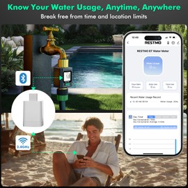 RESTMO Smart Water Flow Meter with Screen Backlight, Brass Inlet & Outlet, Measuring Gallon/Liter Consumption & Flow Rate for Garden Watering, RV Filling, Sprinklers & Nozzle - 2.4Ghz WiFi Connection