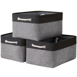 TheWarmHome Collapsible Storage Bin for Shelves - 16x12x8 inch Large 3 Pack Storage Basket for Organizing with Rope, Fabric Storage Cubes for Organizer Toy Cloth Gift Closet (Black & Grey)