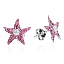 AeraVida Ocean Starfish Faux Pearl Center Pink Cubic Zirconia Nautical Charm .925 Sterling Silver Stud Earrings for Women | Elegant Nautical-Inspired Starfish and Pearl Earrings