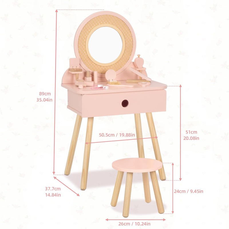 OOOK Kids Vanity Table and Chair Set, Pink Girls Vanity