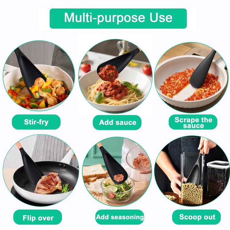 Cooking Spoon 2-Pack: Multi-Function Wood Handle Silicone Spatula Spoon &