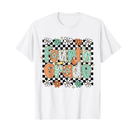 Floral Teacher First Day of School 4th Grade Girly Checkered T-Shirt