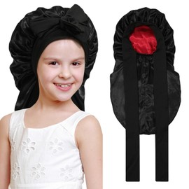 Kids Long Hair Bonnet for Sleeping - Double Layer Girls Elastic Satin Bonnet with Tie Band for Braid Curly Hair (Black+Wine)