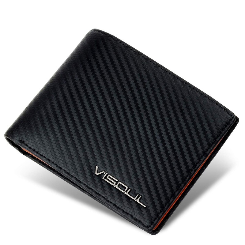 VISOUL Men's Wallet, Genuine Leather, Holds 12 Cards, Carbon Leather,