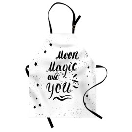 Ambesonne Romantic Apron, Moon Magic and You Inspirational Messy Modern Brush Pen Calligraphy with Stars, Unisex Kitchen Bib Apron with Adjustable Neck for Cooking Baking Gardening, Black White