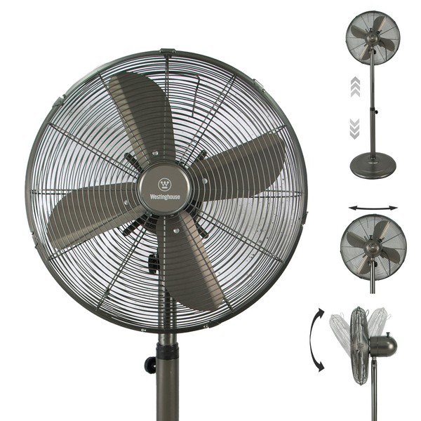 Westinghouse Retro/Vintage Metal Electric Fan 16 Inches With Adjustable Tilt & Base Height Of 37" - 51.5" - 90° Oscillating And 3 Speeds - Ideal For Home, Floor, Room, Bedroom, Grey