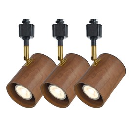 Modern H Type Track Lighting, Adjustable Black Finish and Dark Wood Lampshade Spotlight Heads, Brass Swivel Item Kit, for Accent Retail-Pack of 3