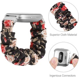 Compatible for Fossil Gen 6 Smartwatch Band, Giaogor Fabric Elastic Scrunchie Elastic Replacement Straps Compatible for Fossil Gen 6 42mm / 44mm Smartwatch (Black Flower, 42mm Case-Women)