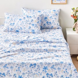 Wake In Cloud - Floral Bed Sheets, 4-Piece Sheet Set, Shabby Chic Flower Pattern Printed Coquette Cottagecore Vintage Aesthetic Bedding, Deep Pocket, Blue White, Twin Size
