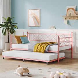 IDEALHOUSE Twin Daybed with Trundle, Twin Trundle Bed with Stylish Headboard, Heavy Duty Metal Slats Mattress Foundation, No Box Spring Needed, Easy Assembly, Pink