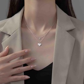 Yheakne Layered Heart Choker Necklace Boho Crystal Heart Pendant Necklace Silver Puffy Heart Necklace Rhinestone Heart Love Necklace Vintage Heart Cz Choker Necklace Jewelry for Women and Girls