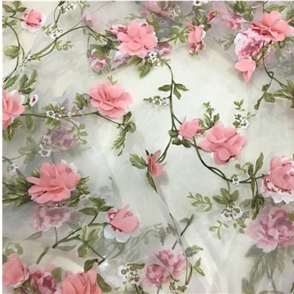 Tong Gu Lace Fabric Organza 3D Pink Chiffon Rose Floral Embroidery Wide 55 in (Length 1 m/39 in)