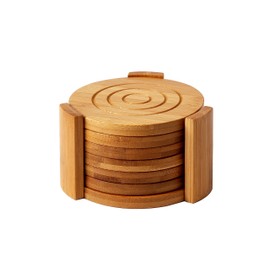Juvale Bamboo Coasters 6-Pack Set Wooden Coasters with Holder - Round Cup Coasters for Cold Drinks and Hot Beverage, Contemporary Design - Tan, 4.3 Inches