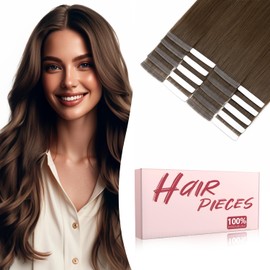 TESSHAIR Human Hair Tape in Extensions,Double Stitched Remy Human Hair Extensions Tape ins,No Tangle & Smooth,14 Inch-10pcs,#02 Dark Brown