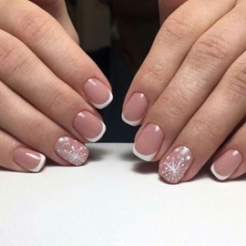 24 Pcs Christmas White French Tips Press on Nails Short Square Fake Nails Winter Xmas False Nails with Snowflake Glitter Designs Stick on Nails for Women