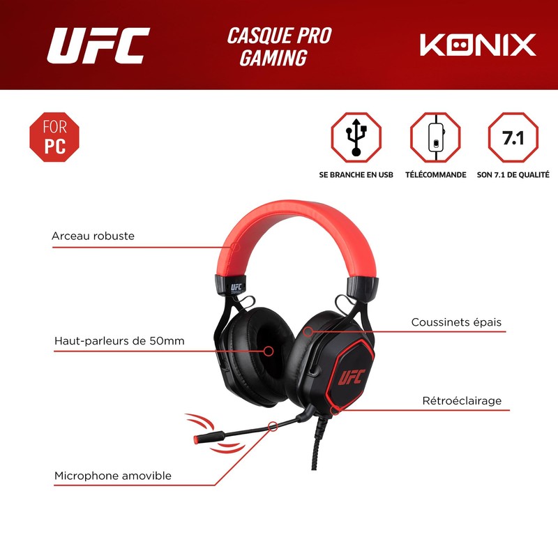 Konix UFC Kabelgebundenes 7.1 Gaming-Headset für PC - 50-mm-Lautsprecher -