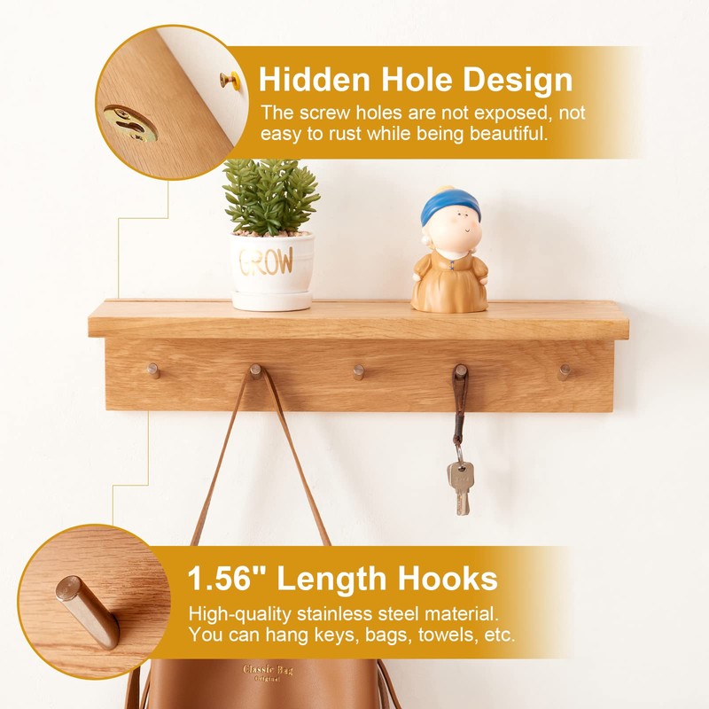 TRWISWDC Coat Rack Shelf Wall Mounted Oak Wood Entryway Shelf