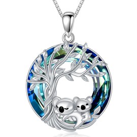 TOUPOP Koala Necklace for Women 925 Sterling Silver Tree of Life Pendant Necklace 2 Koala Jewelry Blue Crystal Birthday Christmas Gifts for Women Mom Daughter Sister