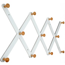 SKOLOO Wooden Wall Hat Rack, Large Accordion Wall Hanger, Modern, Expandable Coat Rack Wall Mounted, Solid Wood Wall Hat Hanger, 11 Peg, Natural & White