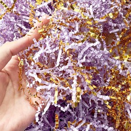 Crinkle Cut Paper Shred Filler for Gift Wrapping, Shredded Paper for Basket Filling,Mixed Colors Gift Box Filler for Easter, Birthday, Christmas, Thanksgiving, Wedding, Mother's Day(Light Purple&Gold)