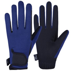 AFE Ladies Horse Riding Gloves Track Fabric Gloves Synthetic Leather Equestrian Black Stretch Fabric Navy Blue (Large)