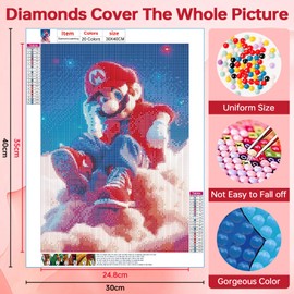 QDUODUO Diamond Painting for Adults Beginners and Children from 6 Years, Cartoon Super Bros 5D Diamond Painting Pictures, 30 x 40 cm Large DIY Diamond Painting Mosaic Making Art Kit for Home