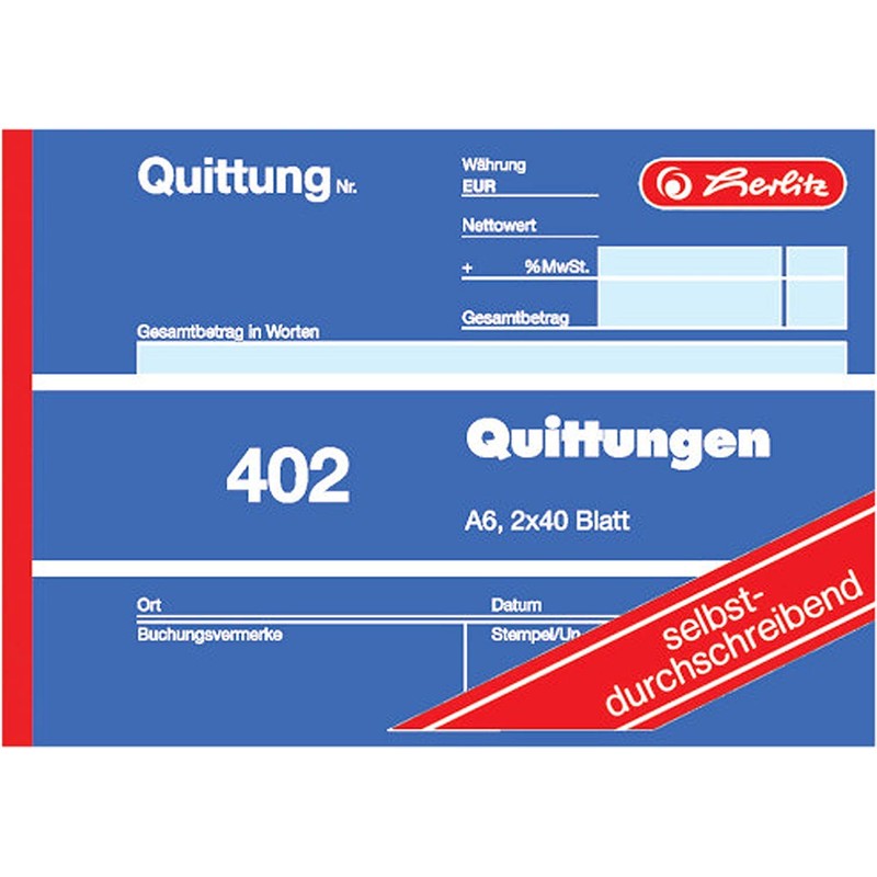 Herlitz Receipt Pad 402, Self-Copying, A6 Landscape, 2 x 40