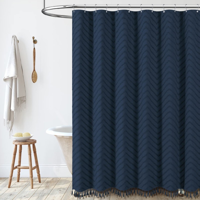 Dynamene Boho Farmhouse Shower Curtain, Navy Blue Fabric Tufted Chevron