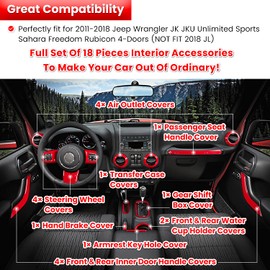 E-cowlboy 18 PCS Full Set Interior Decoration Trim Kit Steering Wheel Center Console Door Handle Air Conditioning Vent Cup Holder Gear Cover Trim for Jeep Wrangler JK JKU 2011-2018 4-Door (Red)