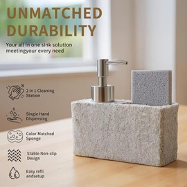 Dispensador de Jabon Liquido Cocina, con Soporte para Esponja, Diseño en Mármol Gris, Estante para Esponjas en el Fregadero, para Cocina, Baño Con Soporte Esponja, Resina de Granito con Textura de Mármol, Base Antideslizante, para Fregadero de Cocina y Ba