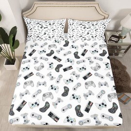 Manfei Teens Gaming Sheet Set Queen Size Kids Video Games Bedding Set 4pcs with Deep Pocket Fitted Sheet + Flat Sheet + 2 Pillowcases Boys Gamer Controller Bed Sheet Set for Game Room Decor