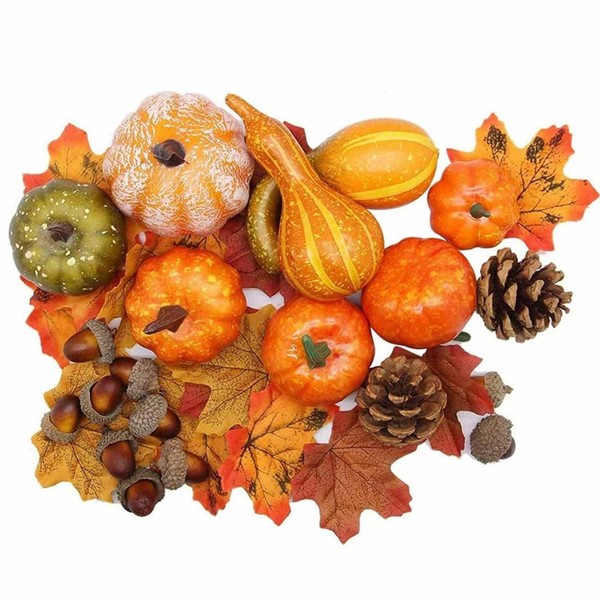 ハロウィン かぼちゃ飾りセット 50PCS ハロウィン 偽南瓜 紅葉 どんぐり 松ぼっくり 組み合わせ 感謝祭