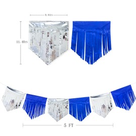 Silver Blue Tassel Backdrop Tissue Paper Metallic Foil Fringe Tinsel Garland Streamer Banner for Birthday Graduation Wedding Baby Shower Bachelorette Engagement Nautical Party Decorations Supplies