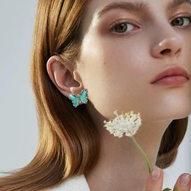 Cute Butterfly Glass Stud Earrings for Women Crystal Cubic Zirconia Good Plated Studs Earring Fashion Jewelry Gifts Birthday Christmas (Green)