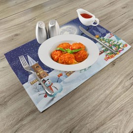 ABAKUHAUS Christmas Place Mats Set of 4, Winter Landscape, Washable Fabric Placemats for Dining Room Kitchen Table Decor, White Blue