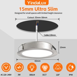 YindaLux Set of 3 LED Recessed Spotlights 230 V 3 W 3000 K Warm White 4000 K Neutral White 6000 K Cool White LED Spot Ultra Flat 300 LM Bore Hole 55-58 mm and 15 mm Flat IP44 Recessed Furniture