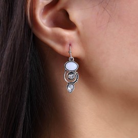 Atentuyi Boho Crystal Drop Earrings Silver Small CZ Drop Earrings Small Moonstone Earrings Rhinestone Hook Earrings Vintage Filigree Earrings Jewellery for Women and Girls