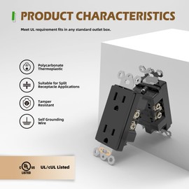 TOPELER 10Pack Decor Receptacle Outlet, 15 Amp 125V Standard Electric Socket, 2 Pole 3 Wire, Tamper Resistant, Self-Grounding Residential Grade, UL Listed, Black