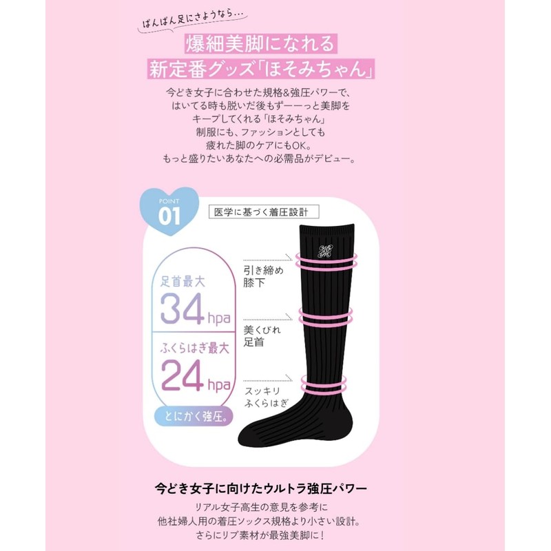 Wigo Hosomi-chan Women's Compression Socks, Antibacterial, Odor Resistant, School Logo,