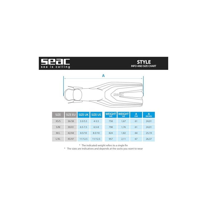 SEAC Style, Scuba Diving Fins for Professional and Recreational Use