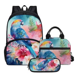 Parprinty Blue Floral Bird Parrot Backpack Set for Girls Kids Lightweight Cute School Backpack with Lunch Box Pencil Case Adjustable Strap Padded Book Bag Insulated Lunch Bag