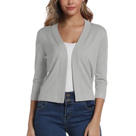 Women's Elegant 3/4 Sleeve Open Front Sweater Solid Cropped Shrug Cardigan (S, Light Grey)