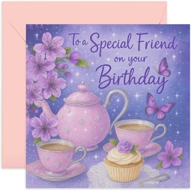Classic Birthday Cards for Female Friend, Teapot Butterflies and Cupcake Design, 50th 60th 70th 80th BDay Gifts for Women, Blank Inside