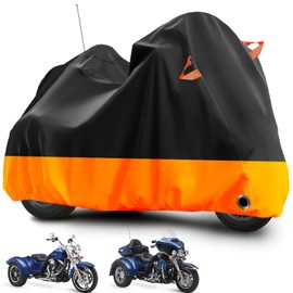 Tokept Trike Motorcycle Cover, Outdoor Waterproof Vehicle Cover with Windproof Buckle Reflective Strip for Harley Davidson, Honda Gold Wing, Kawasaki 3 Wheel Motorcycle Accessories (Black&Orange)