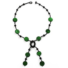 Avalaya Glass & Shell Bead Tassel Necklace in Bright Green & Black Colours/ 48cm L/ 11cm Tassel